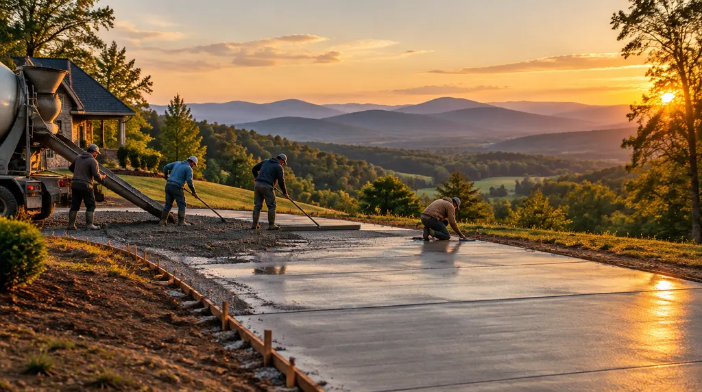 A crew pouring and screeding a new concrete driveway in Easley, SC
