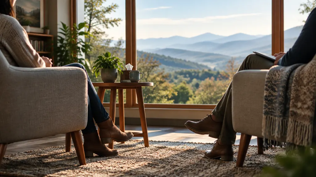 A calm, softly lit counseling room with two armchairs in Easley, SC