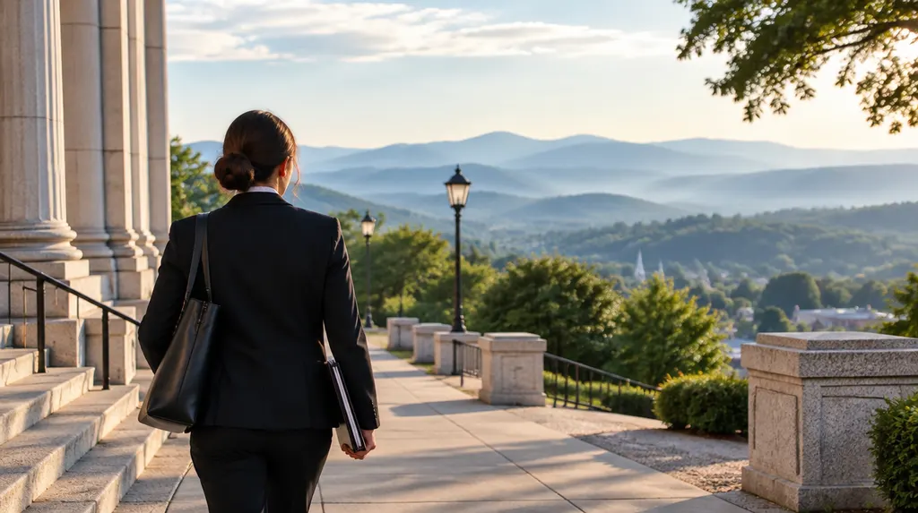 An attorney walking outside a courthouse-style building in Easley, SC