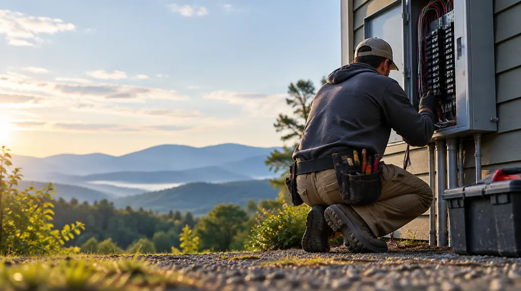 An electrician working on an open breaker panel in Easley, SC
