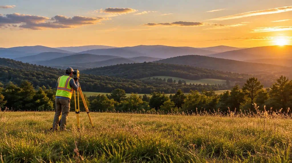 A surveyor with a tripod instrument in a field in Easley, SC