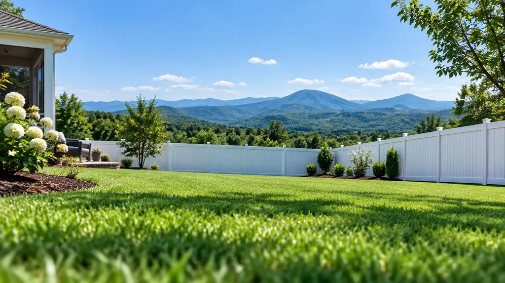 A white vinyl fence around a green backyard in Easley, SC