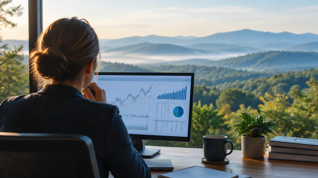 An advisor reviewing charts on a monitor in Easley, SC