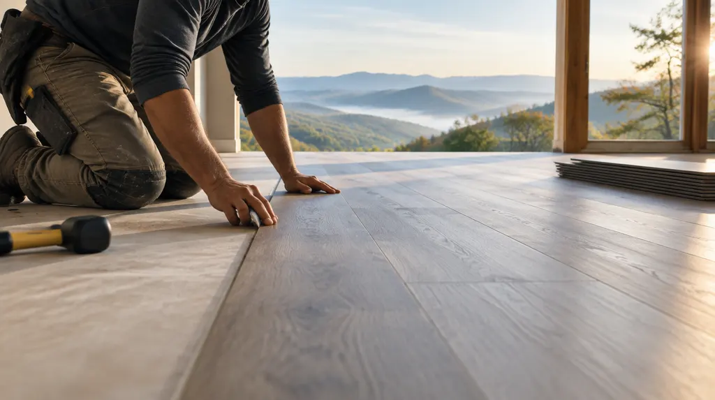 An installer laying luxury vinyl plank flooring in Easley, SC