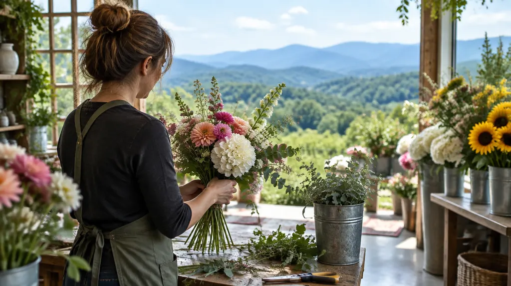 A florist arranging a bouquet in a flower shop in Easley, SC