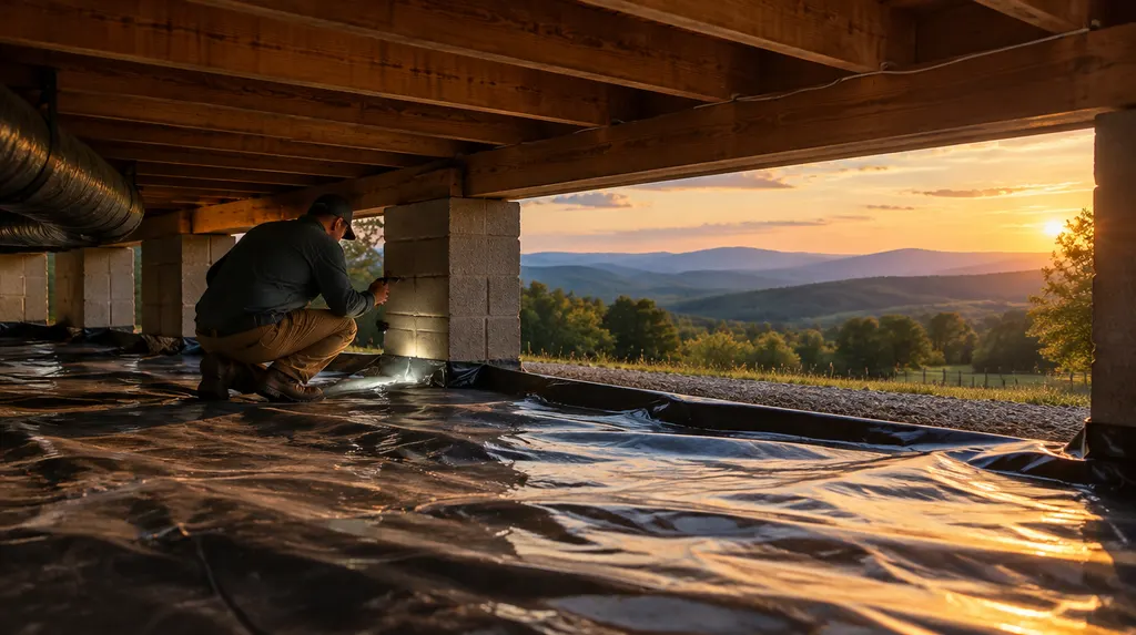 A technician inspecting a crawl space with a vapor barrier in Easley, SC