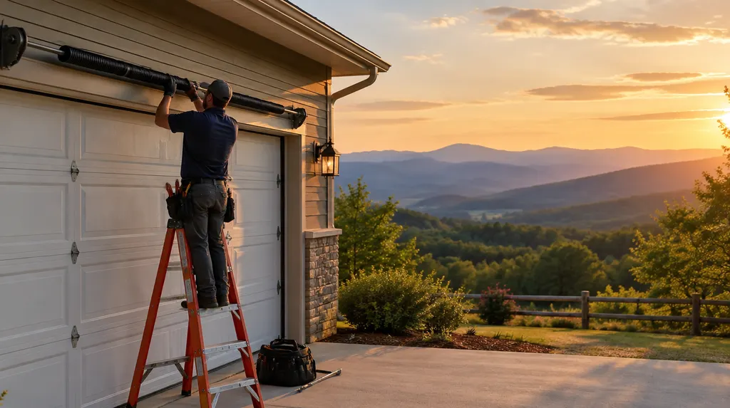 A technician replacing a torsion spring above a garage door in Easley, SC