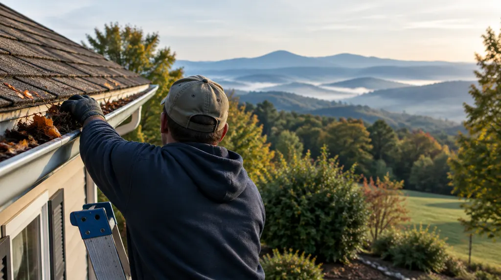 A worker cleaning leaves out of a gutter from a ladder in Easley, SC