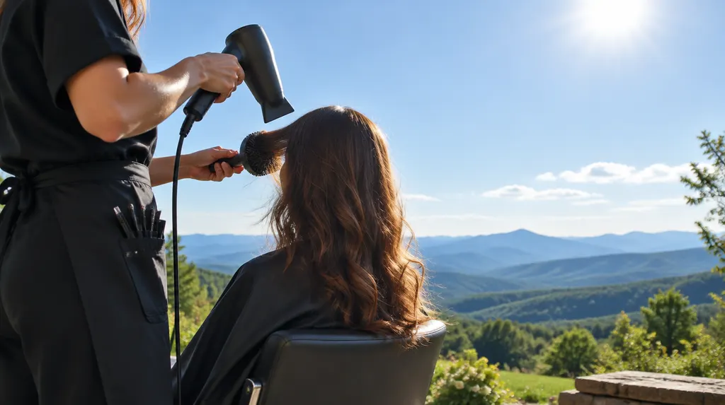 A stylist blow-drying a client’s hair in Easley, SC