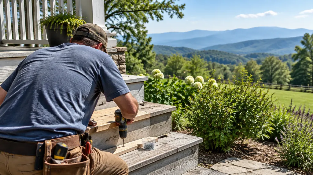 A handyman repairing a wooden porch step in Easley, SC