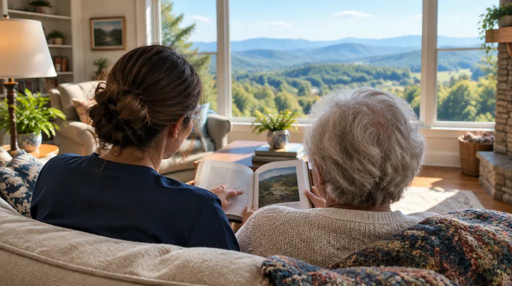 A warm living room with a caregiver and a senior reading together in Easley, SC