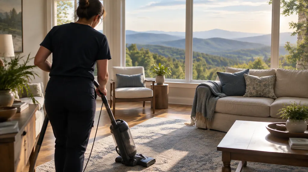 A cleaner vacuuming a sunny living room in Easley, SC