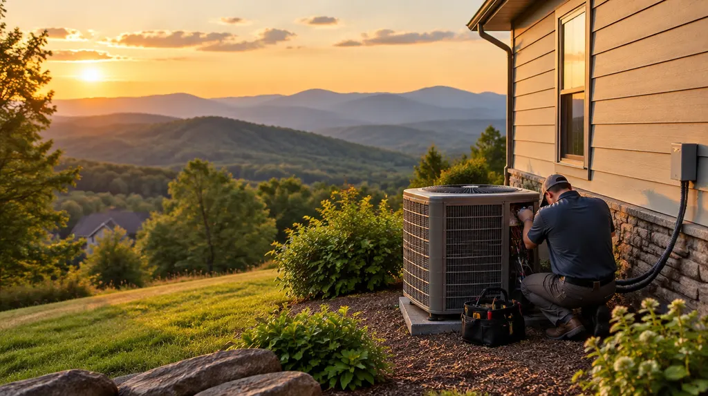 An HVAC technician servicing an outdoor condenser beside a house in Easley, SC