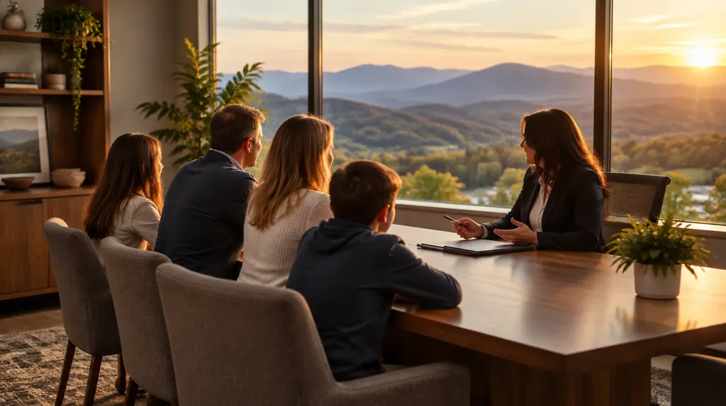 An insurance agent meeting a family in an office in Easley, SC