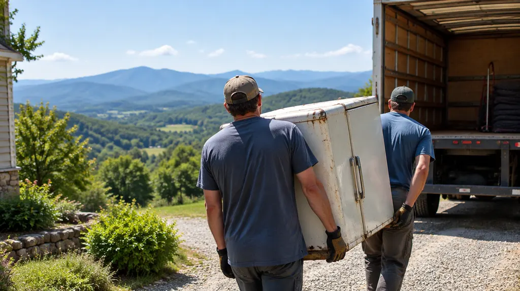 Workers carrying an old appliance to a truck in Easley, SC