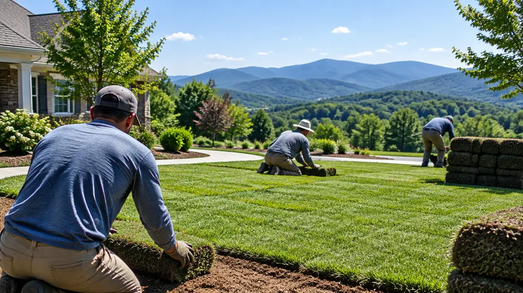 A crew laying fresh sod in a front yard in Easley, SC
