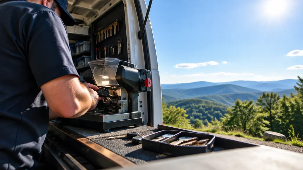 A locksmith cutting a new car key at a key machine in a work van in Easley, SC