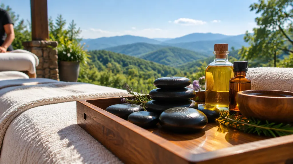 Warm stones and oils on a wooden tray in a spa in Easley, SC