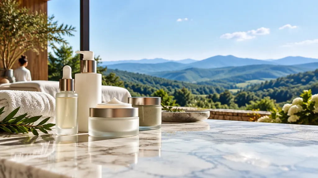 Skincare products on a marble counter in a spa in Easley, SC