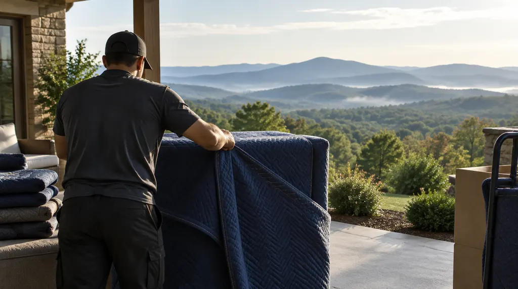 A mover wrapping furniture in moving blankets in Easley, SC