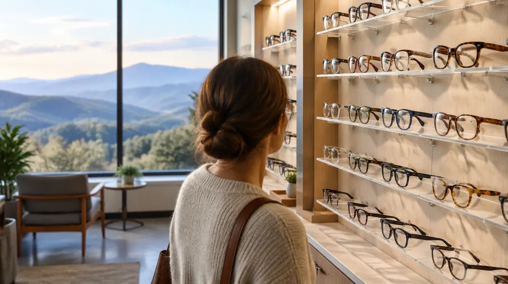A wall of stylish eyeglass frames in an optical shop in Easley, SC