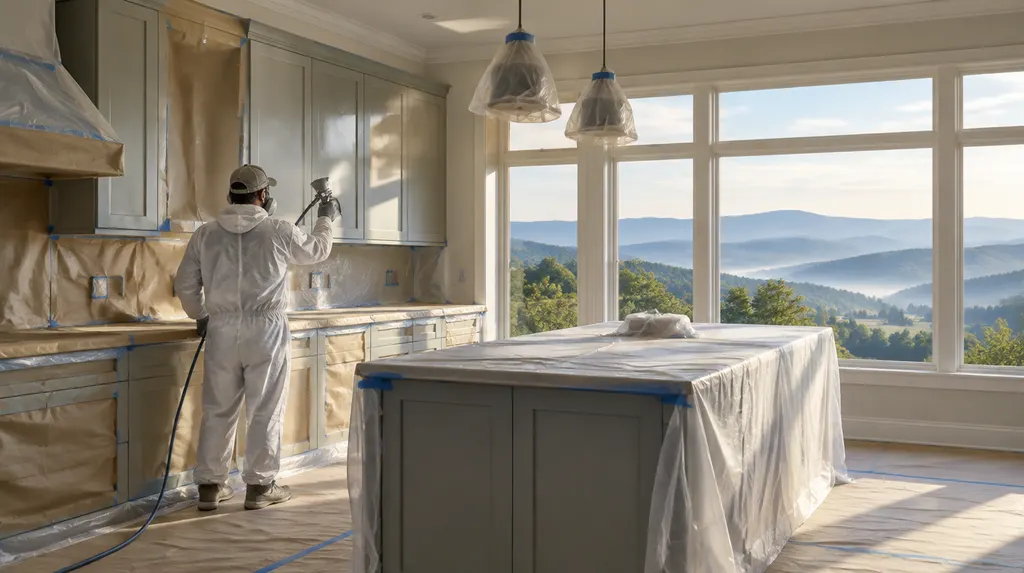 A painter spraying kitchen cabinets in a prepped room in Easley, SC
