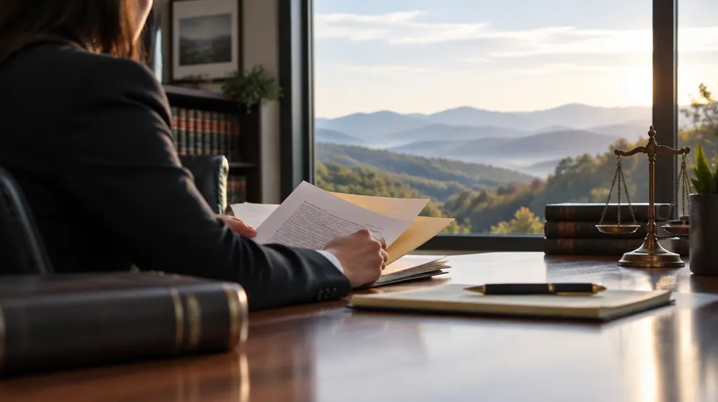 A lawyer reviewing a case file in a law office in Easley, SC