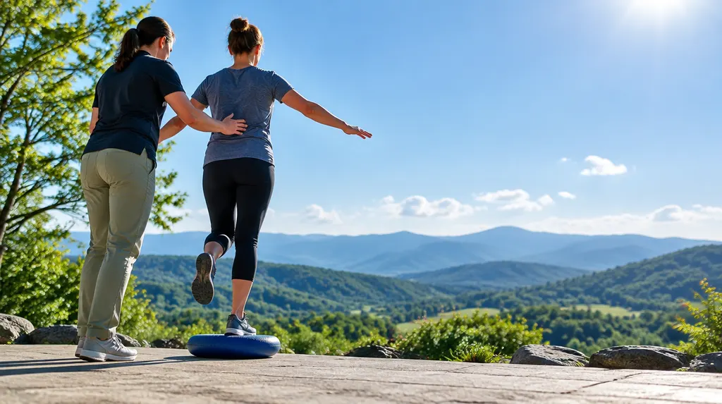 A therapist guiding a patient on a balance exercise in Easley, SC