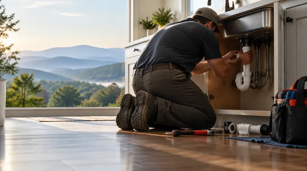 A plumber kneeling under a kitchen sink fitting a new pipe in Easley, SC