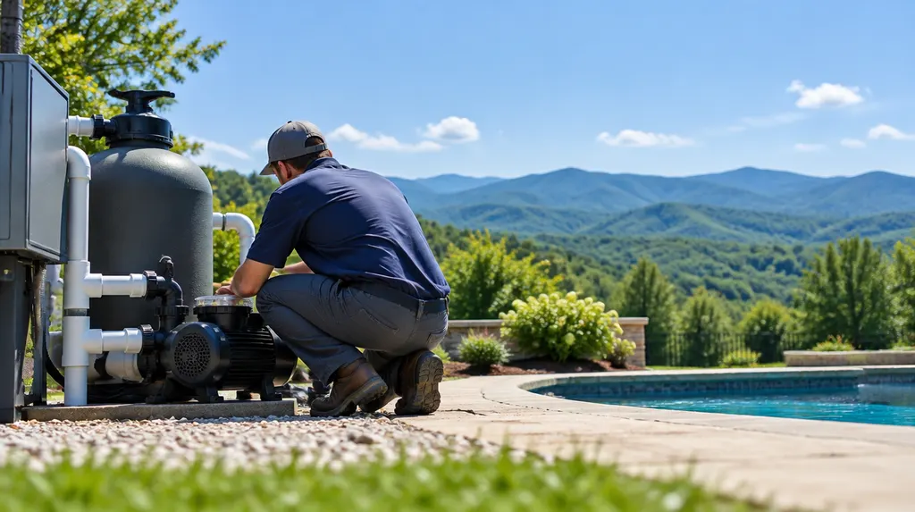 A technician checking pool equipment and a pump in Easley, SC