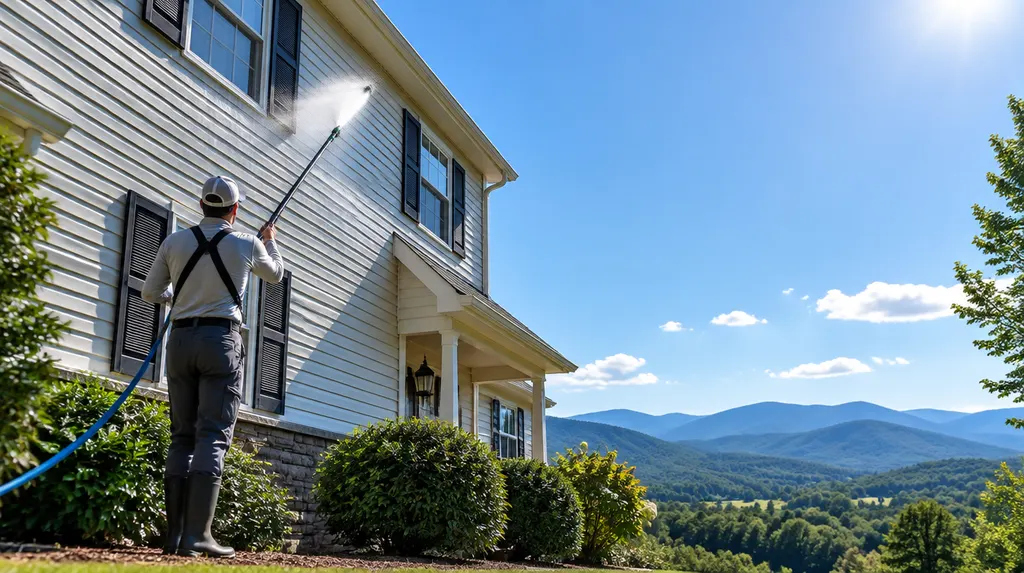 Soft washing the vinyl siding of a two-story house in Easley, SC