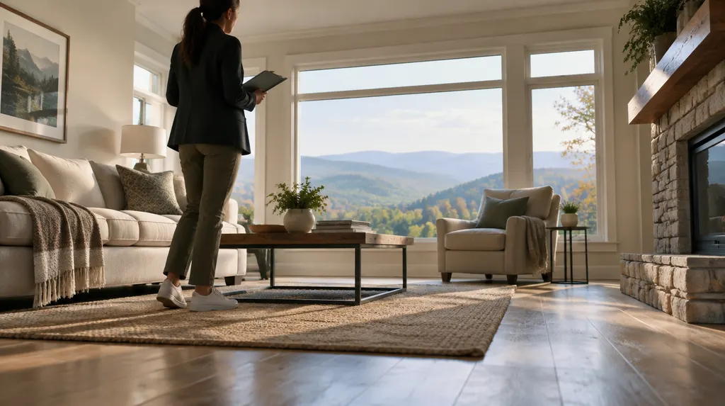 A property manager inspecting a rental living room in Easley, SC