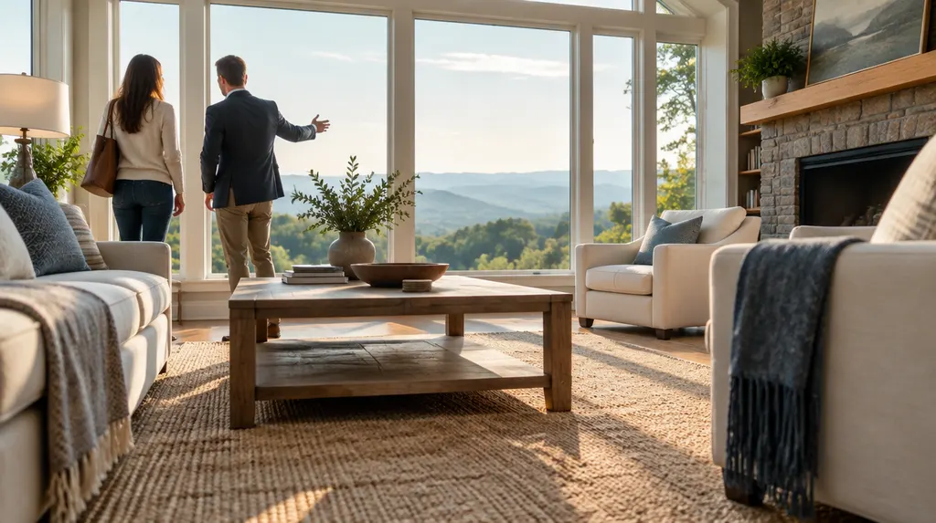 A real estate agent showing a bright living room in Easley, SC