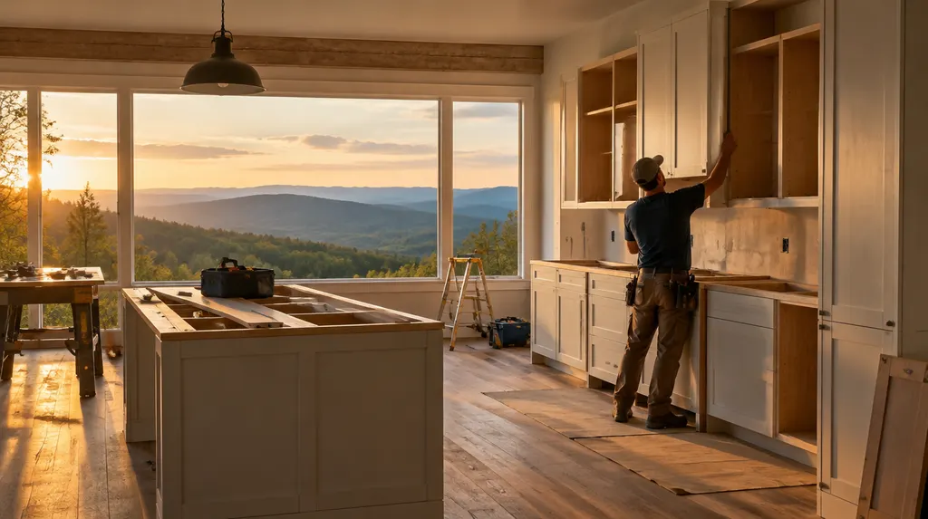 A remodeler installing new kitchen cabinets in Easley, SC