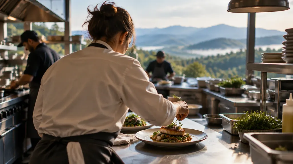 A chef plating a dish in a busy kitchen in Easley, SC