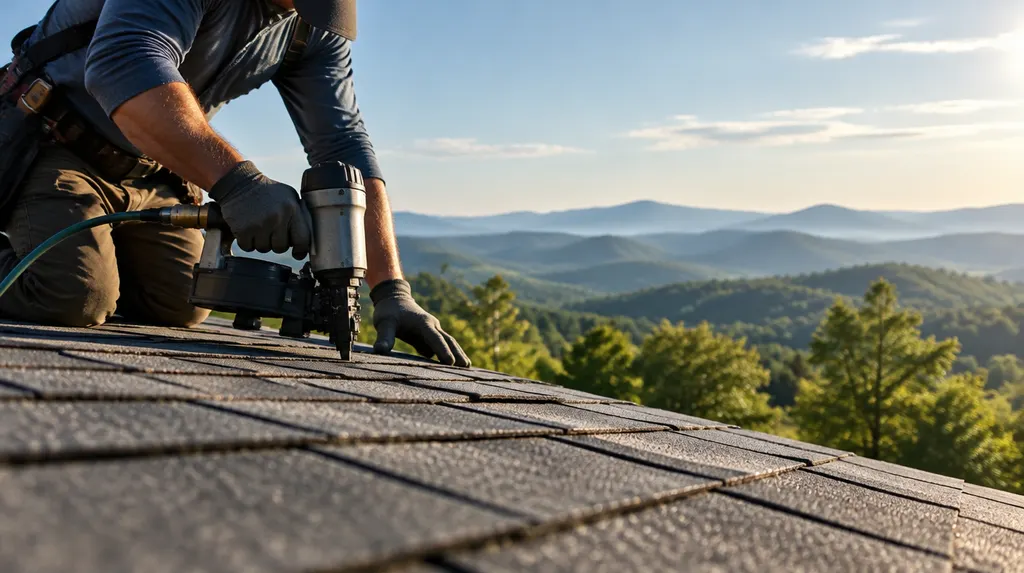 A roofer nailing architectural shingles on a sunny roof in Easley, SC