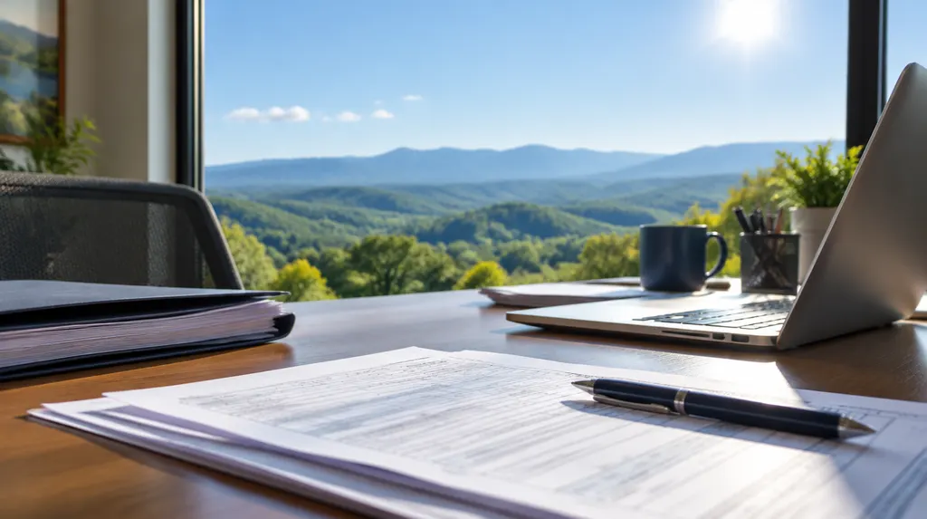A tax office desk with forms and a laptop in Easley, SC
