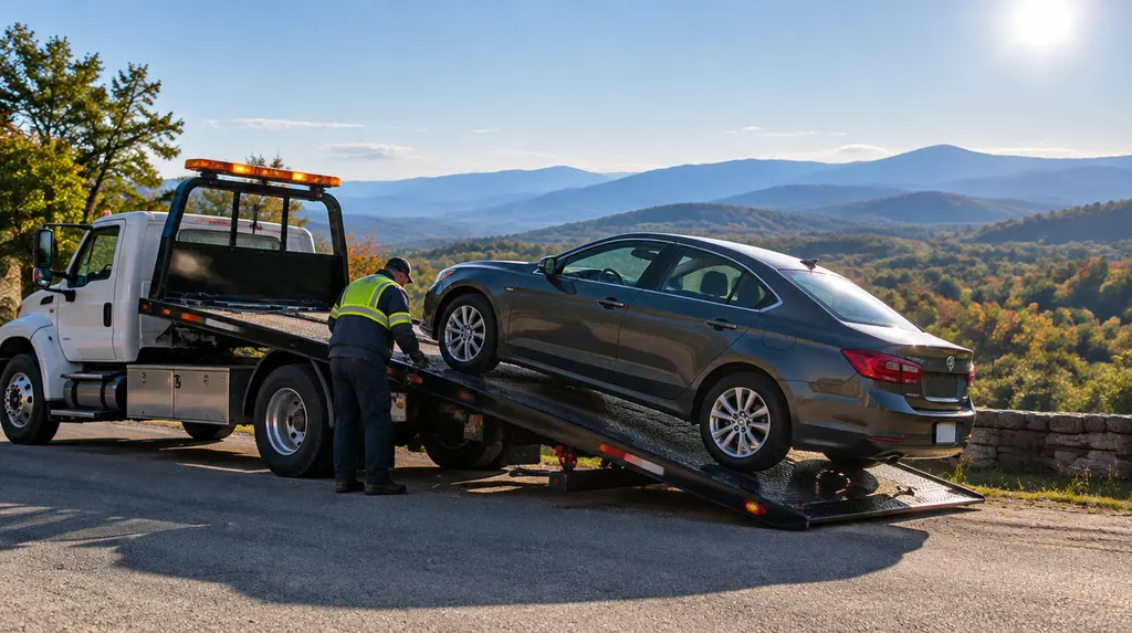 A flatbed tow truck loading a car at dusk in Easley, SC