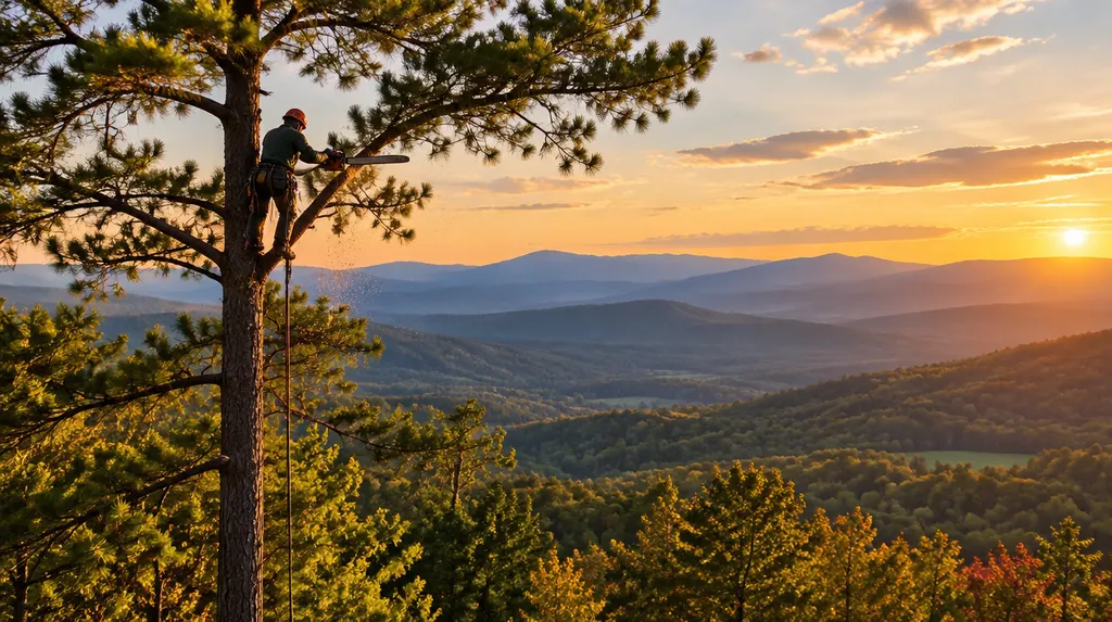An arborist in a harness trimming a tall pine in Easley, SC