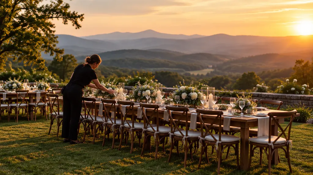 A wedding planner arranging a reception table in Easley, SC
