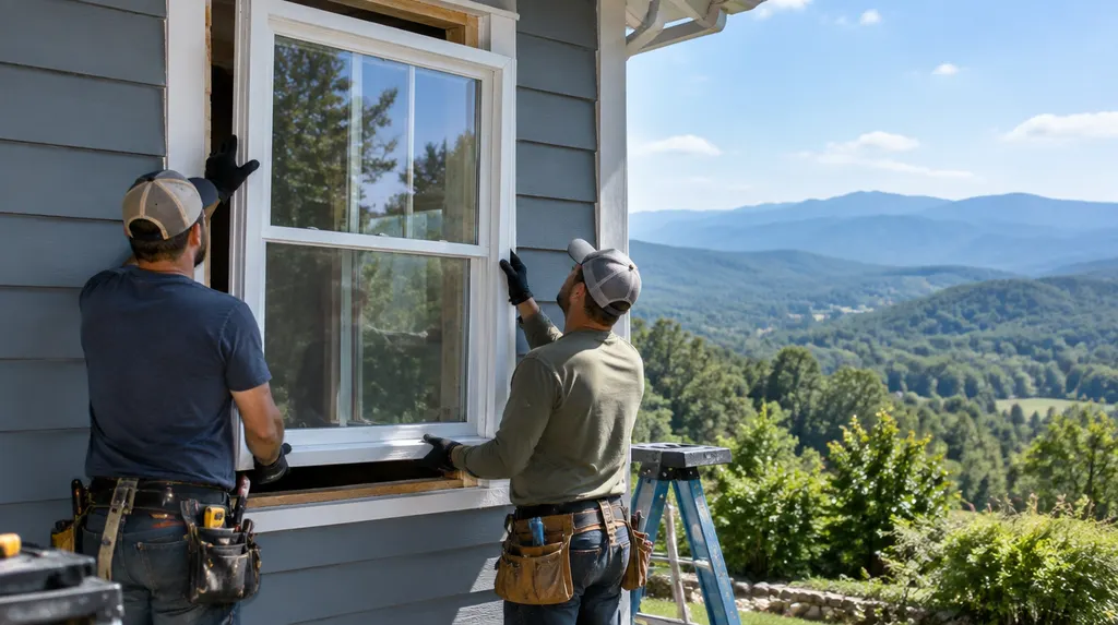 Installers fitting a new double-hung window in Easley, SC