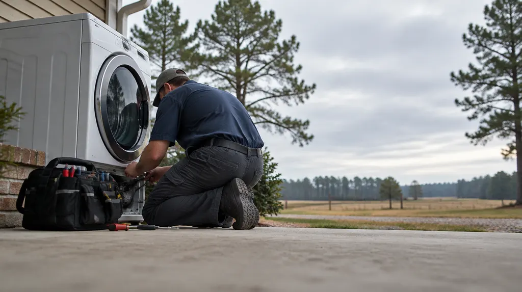 A technician fixing a front-load washer in Florence, SC