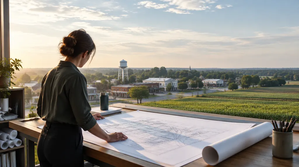 An architect reviewing blueprints at a drafting table in Florence, SC
