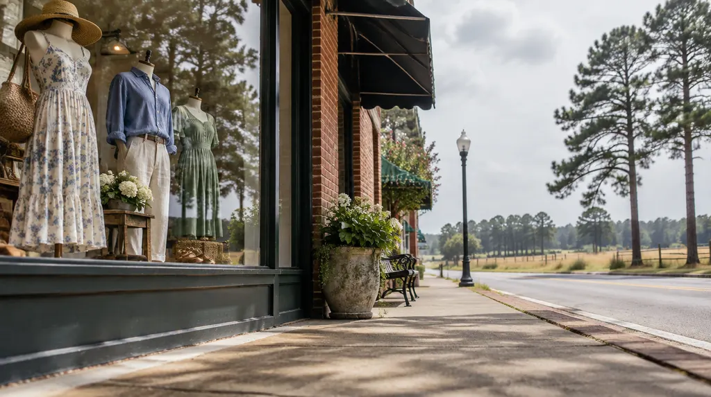 A boutique window display on a sunny street in Florence, SC
