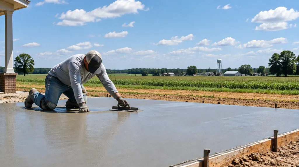 A finisher troweling a fresh patio slab in Florence, SC