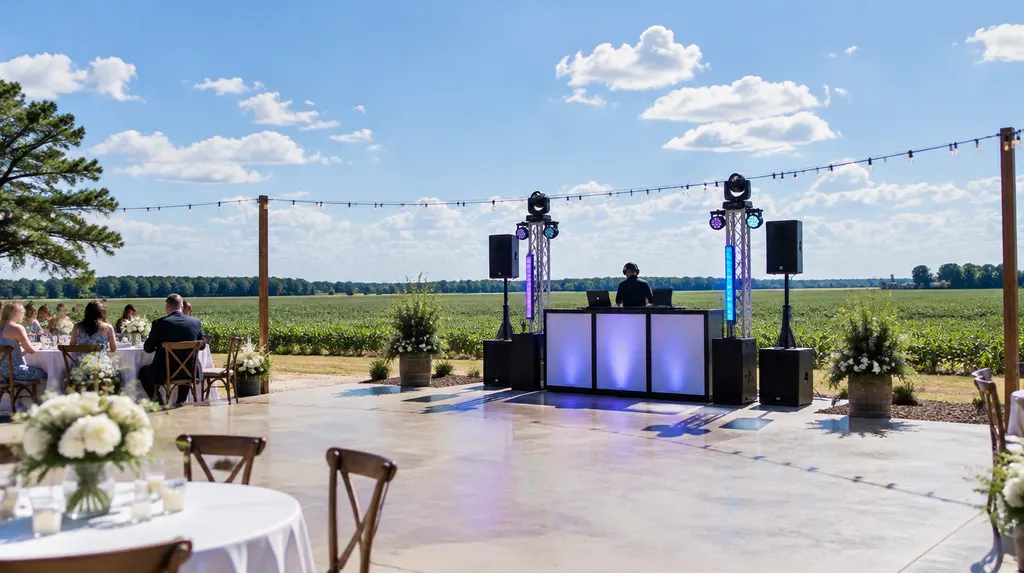 A DJ booth with lights at a wedding reception in Florence, SC