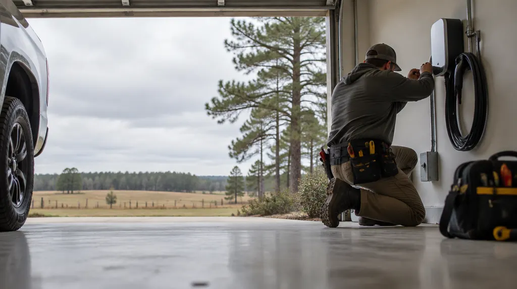 An electrician installing an EV charger in a garage in Florence, SC