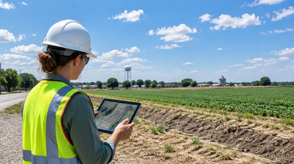 An engineer reviewing site plans on a tablet in Florence, SC