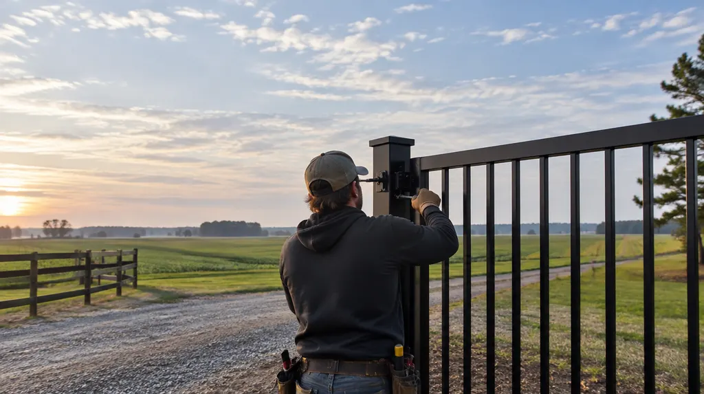 An installer hanging a black aluminum gate in Florence, SC
