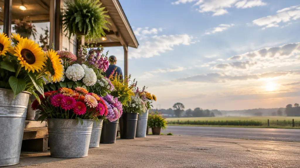 Buckets of fresh flowers in a shop in Florence, SC